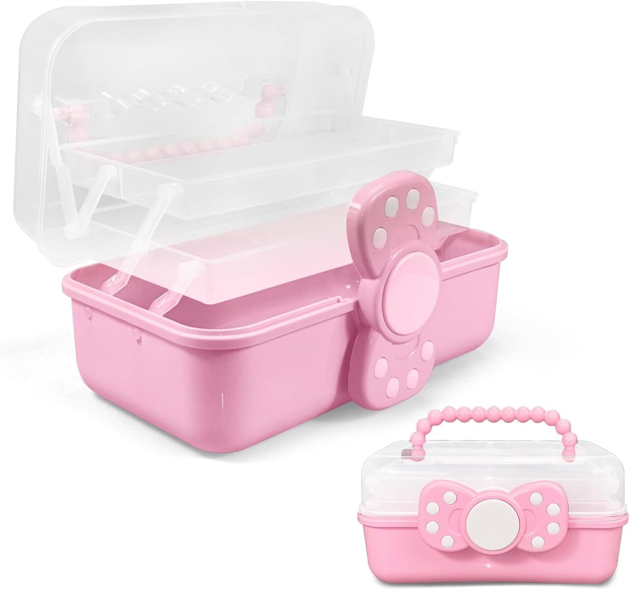 10.6-inch (3-layer) Multifunctional Art Craft Organizer Storage Box for Kids Clear Plastic Portable Tool Box/Storage Box with Handle for Nail, Hair, Cosmetics, Sewing, and Medicine (Pink)